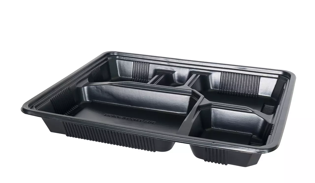 Plastic food tray with multiple compartments on white background.