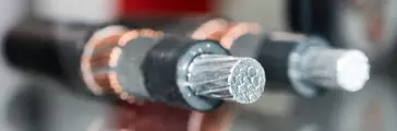 Cross section of high-voltage cable. Thick aluminum wires surrounded by a layer of polymer insulation.