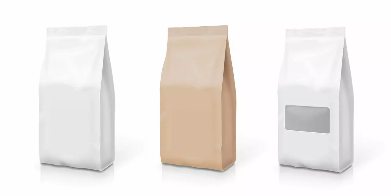 White foil or paper snack bag set. Packaging in food.
