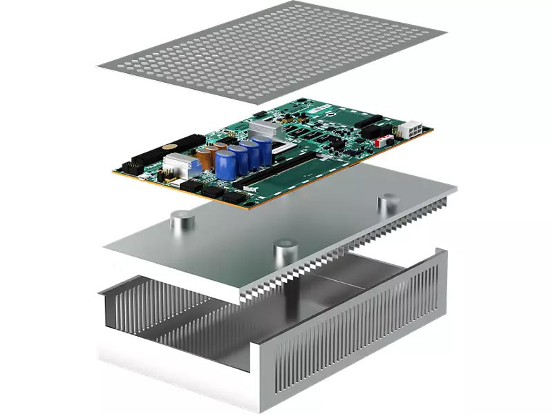 Inside view of X-DC power device expanded with components showing