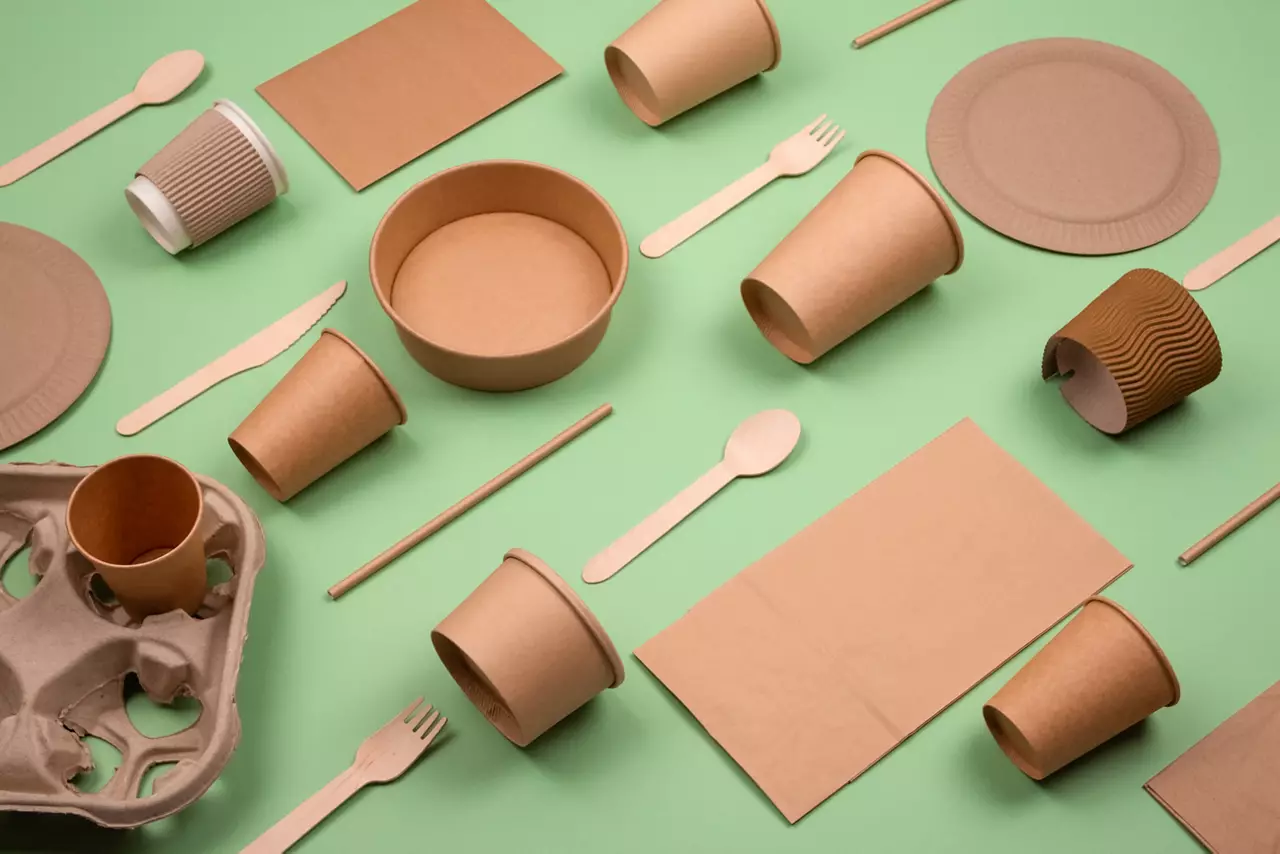 Paper utensils and disposable tableware, food containers and paper cups over green background