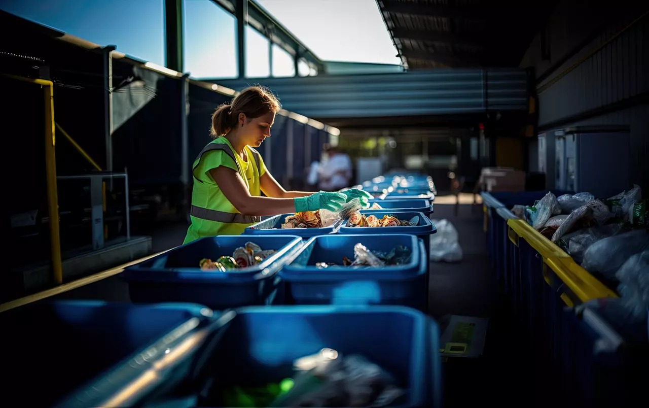 Female worker sorting recyclable materials into separate bins in a recycling facility
