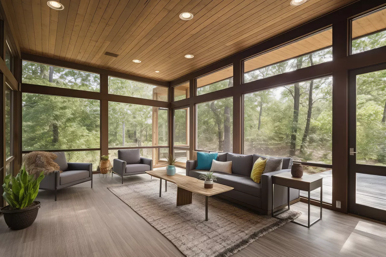 With a contemporary screen porch and patio furniture, and summery woodlands in the distance