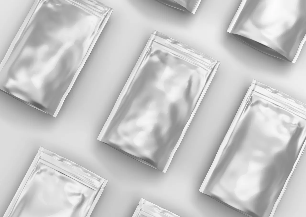 White plain empty blank metallic foil food packaging standing pouch on isolated background