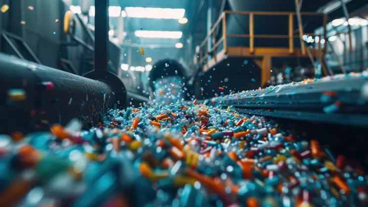 Close-up of recycling plastic into small plastic pellets