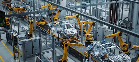 汽车厂 3D 概念：自动机械臂装配线制造高科技绿色能源电动汽车