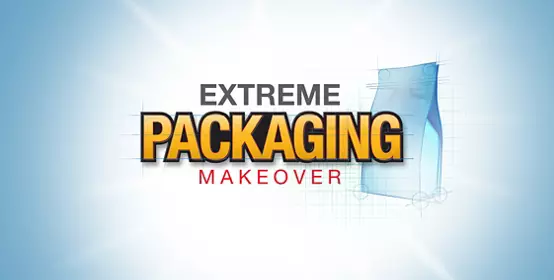 Stand-up pouch looking like a blueprint and the words Extreme Packaging Makeover 