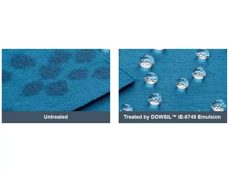 Blue fabric with water spots on untreated fabric alongside treated blue fabric